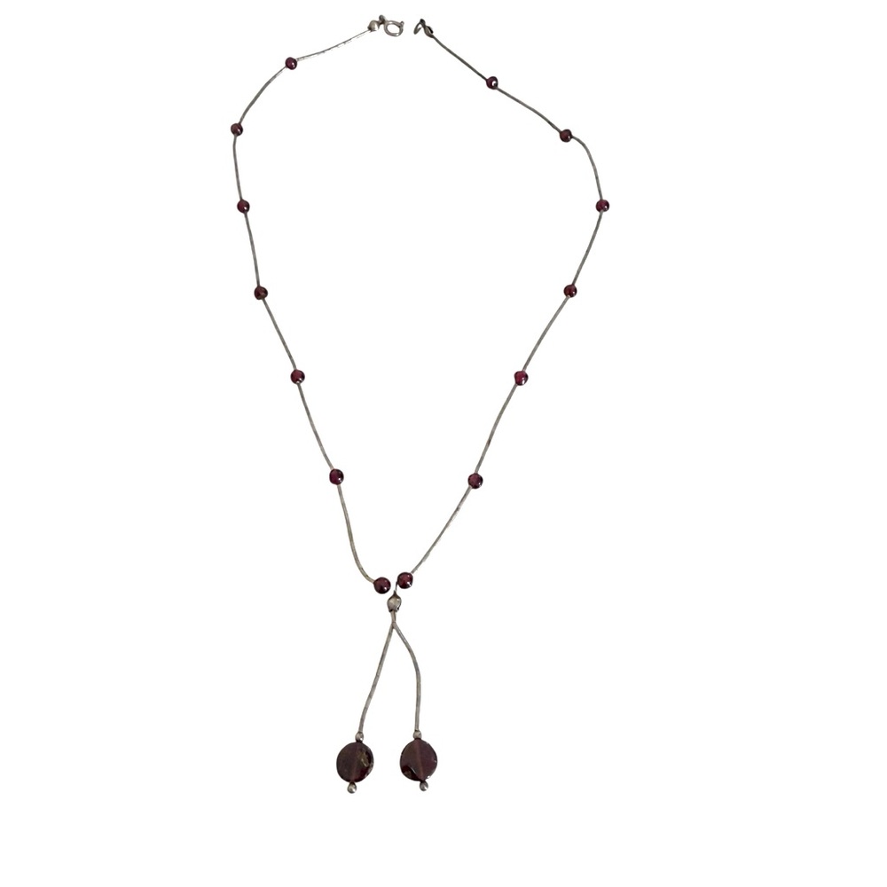 Vintage 925 sterling silver garnet beads Y drop necklace dainty liquid silver